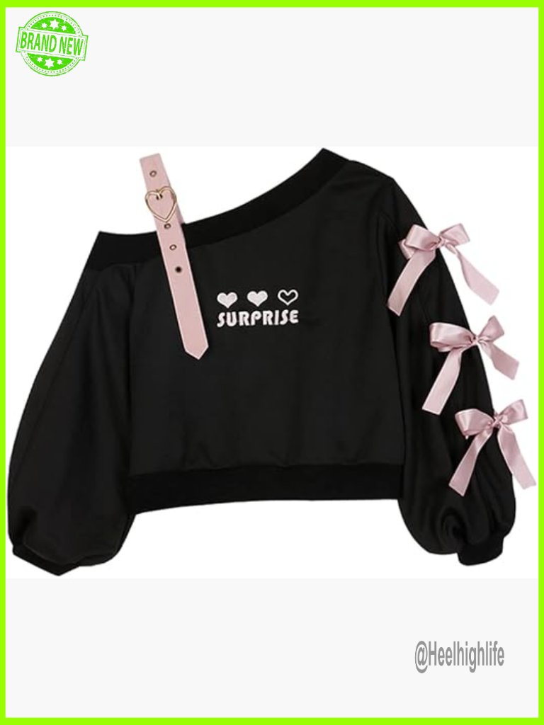 Off Shoulder Sweatshirt Lace Up Crop Top Embroidered Heart Graphic Pullover